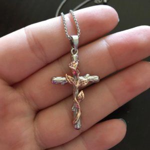 Cross Pendant Necklace for Women with Rose Flower